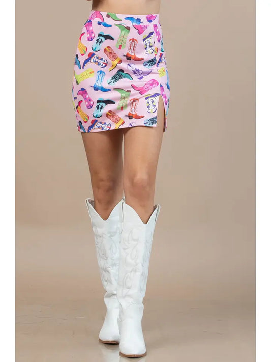 Western Boots Party Print High Waist Mini Skirt