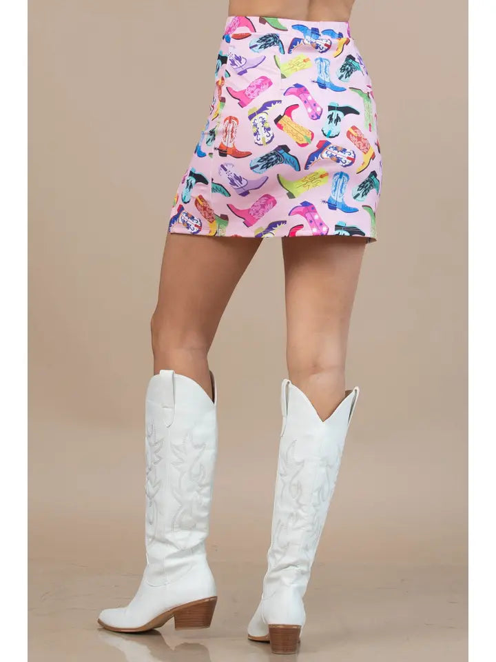 Western Boots Party Print High Waist Mini Skirt